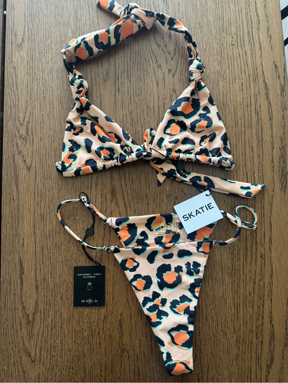 Skatie Peach Leopard-Print Triangle Bikini with Orange and Black Accents